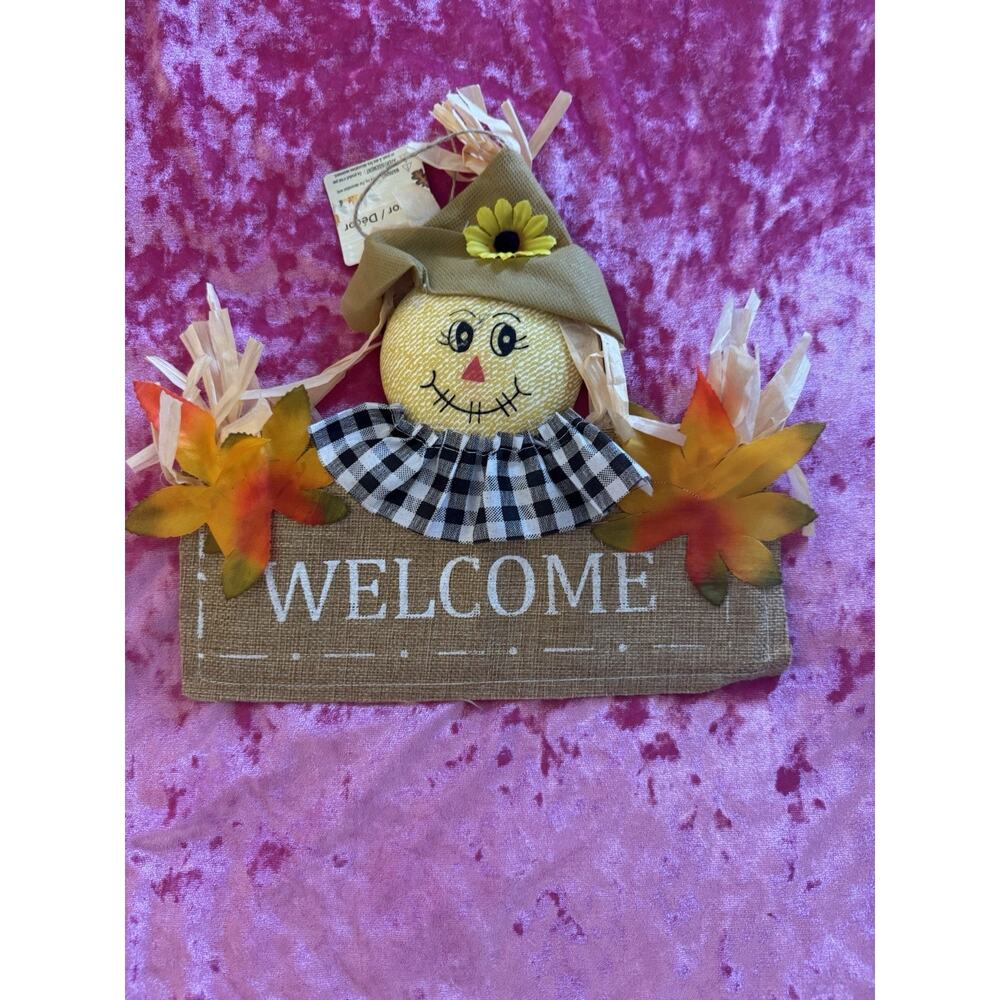 NWT Scarecrow Fall Decor Sign Welcome" Brown Leaves Autumn Hanging